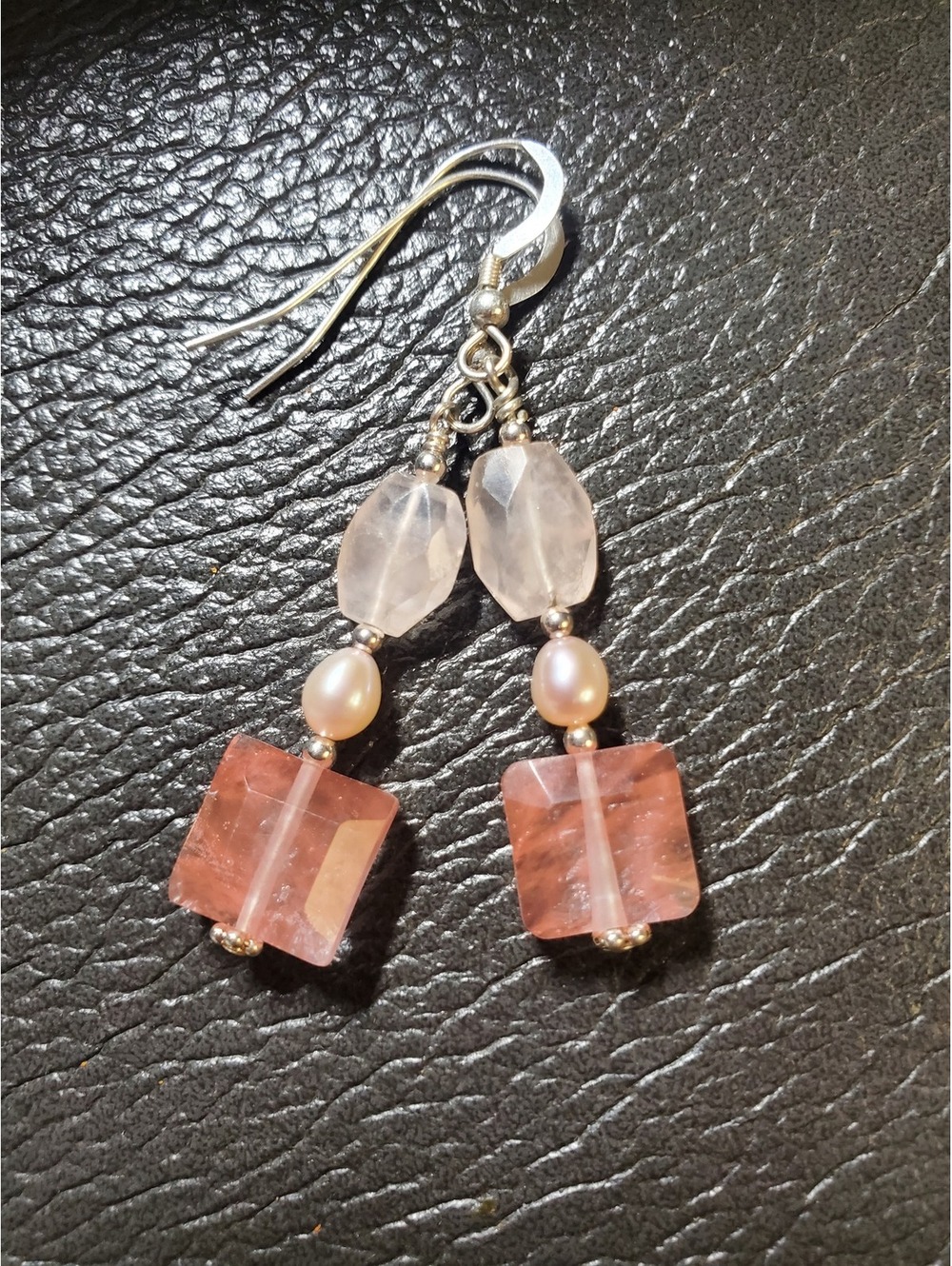 Strawberry Quartz Cherry Quartz Pearl Earrings 925 Sterling Silver Dangle